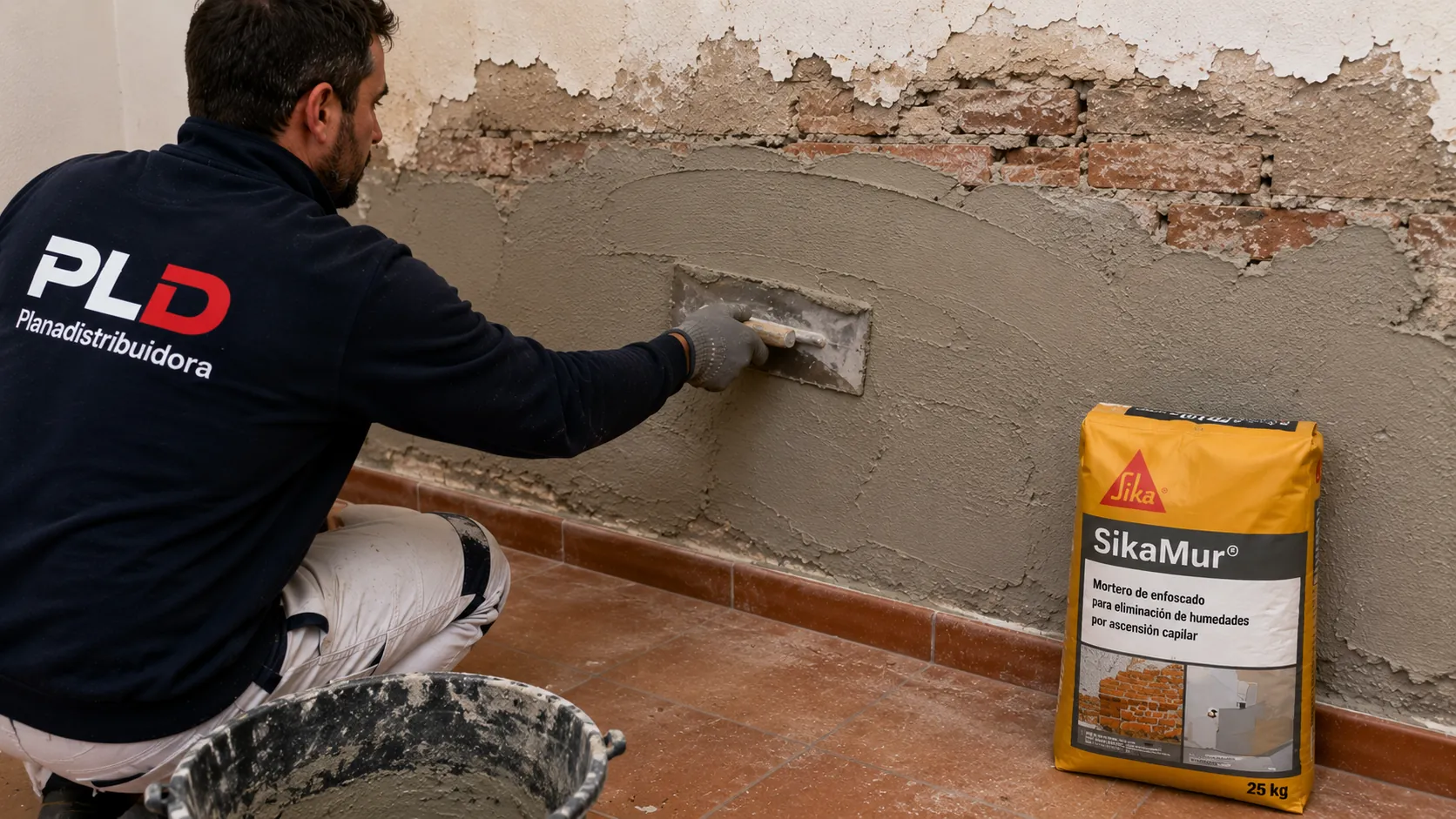 Técnico aplicando mortero SikaMur con llana sobre muro de ladrillo tras la inyección antihumedad
