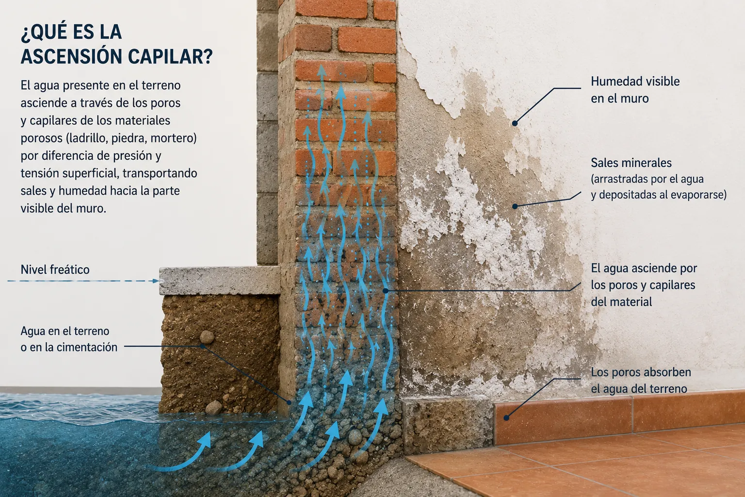 Infografía explicativa del proceso de ascensión capilar en muros: agua del terreno, nivel freático, capilares del ladrillo, sales minerales y humedad visible