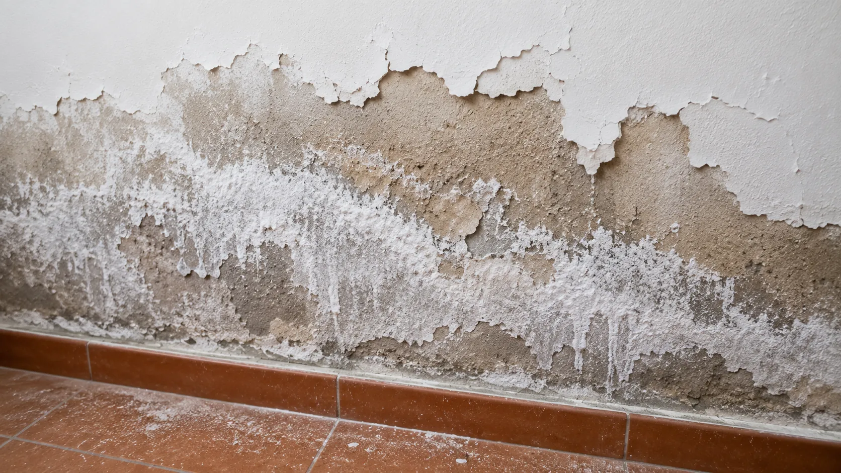 Pared con eflorescencias de sales minerales, pintura levantada y revoco deteriorado por humedad de ascensión capilar