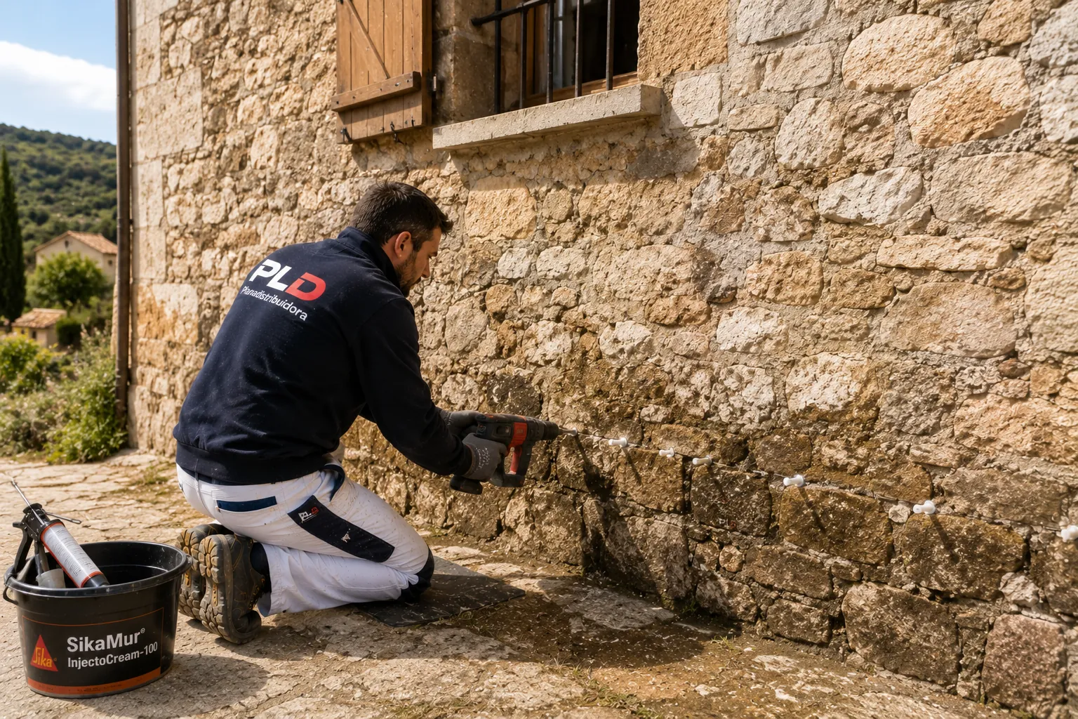 Técnico realizando taladros en muro de piedra irregular para inyección de SikaMur InjectoCream-100