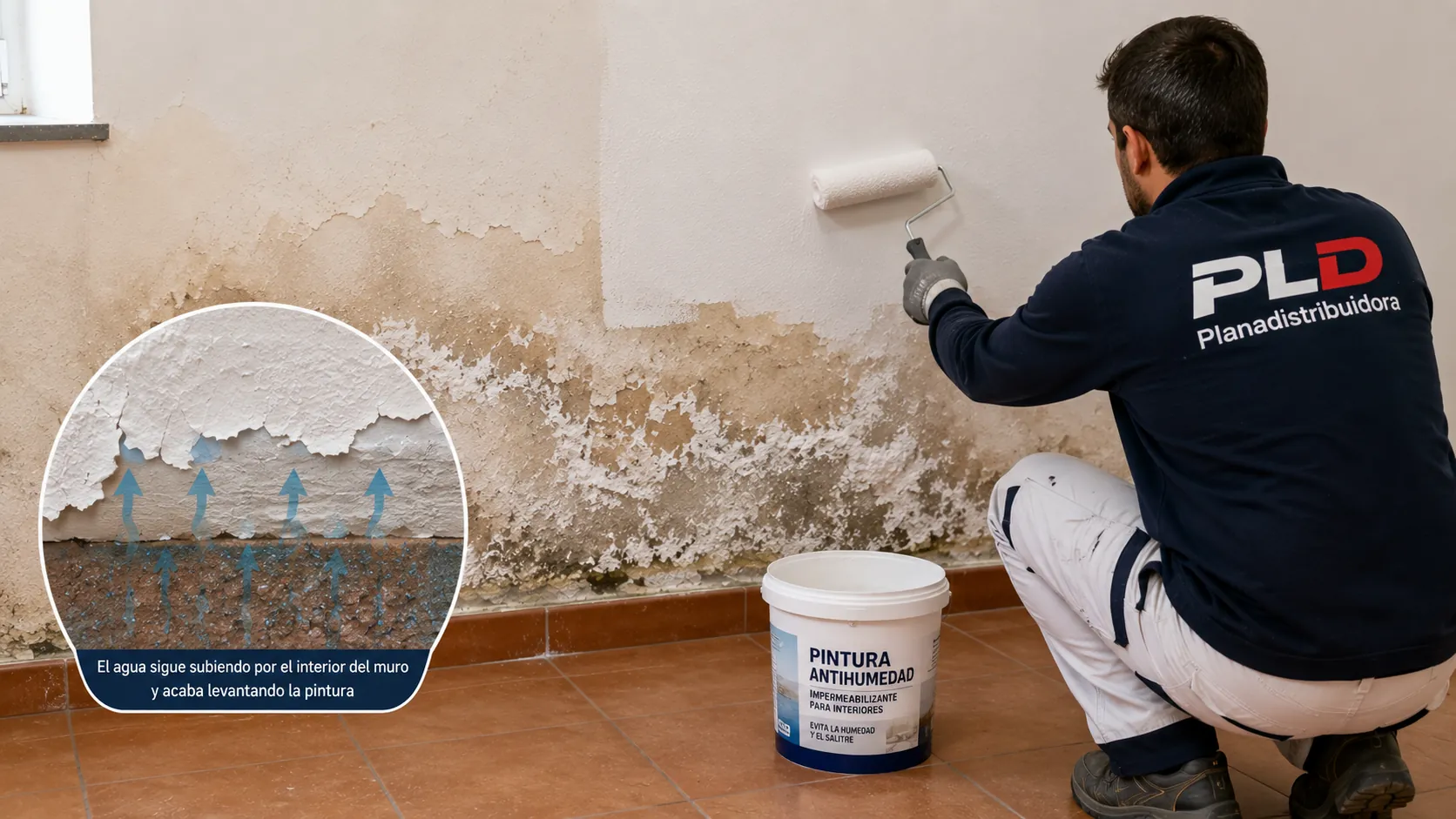 Técnico aplicando pintura antihumedad sobre muro con humedad capilar activa, una solución que no elimina el problema de raíz