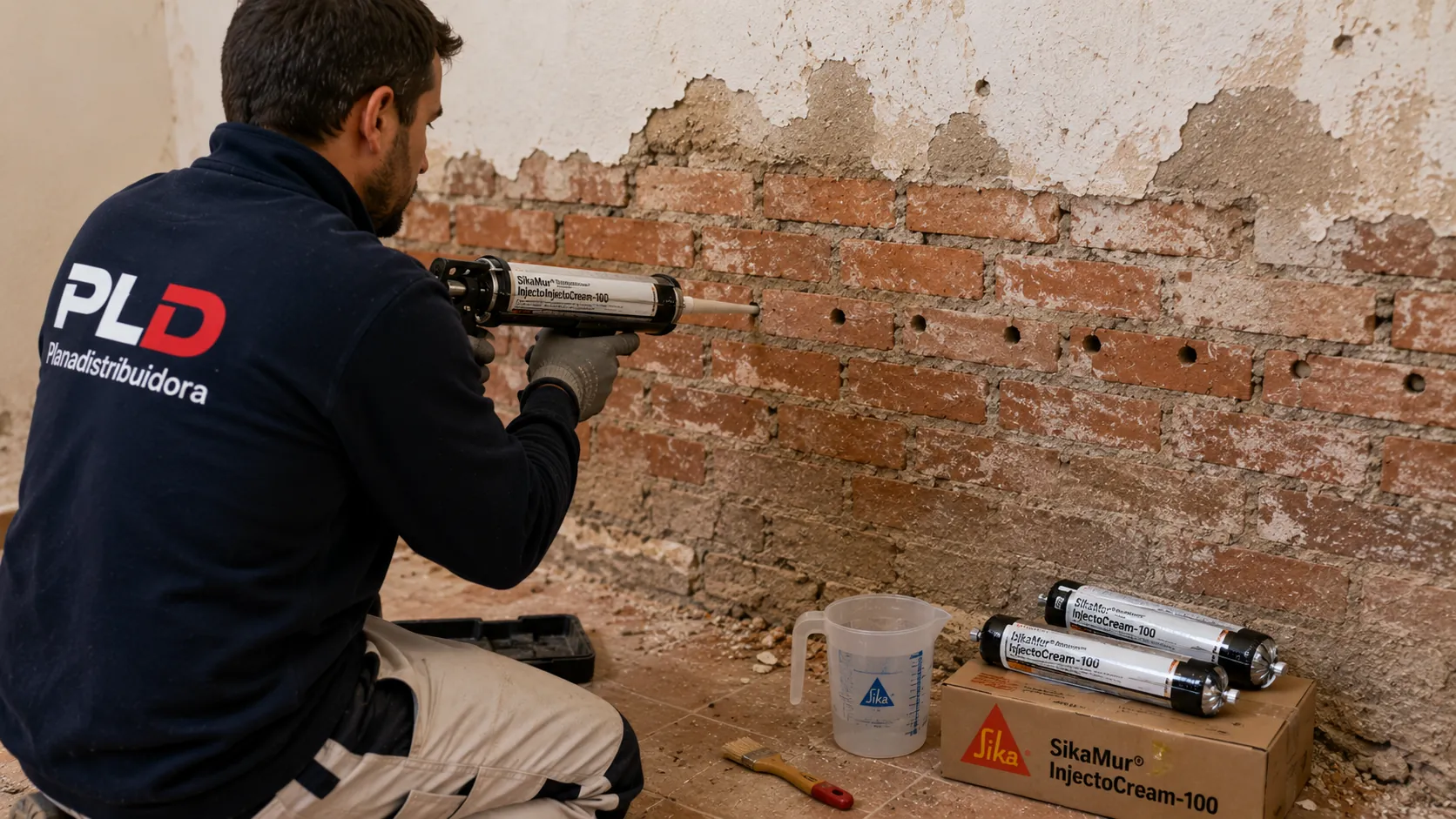 Técnico realizando taladros horizontales en muro de ladrillo para inyección de SikaMur InjectoCream-100