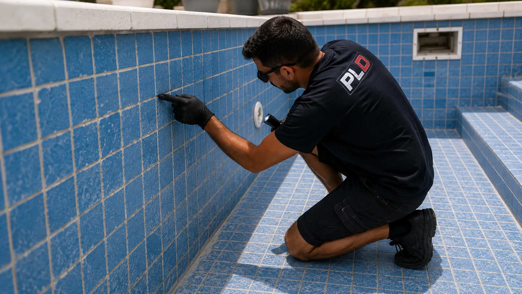 Inspección de juntas y boquillas en piscina vacía antes de la temporada
