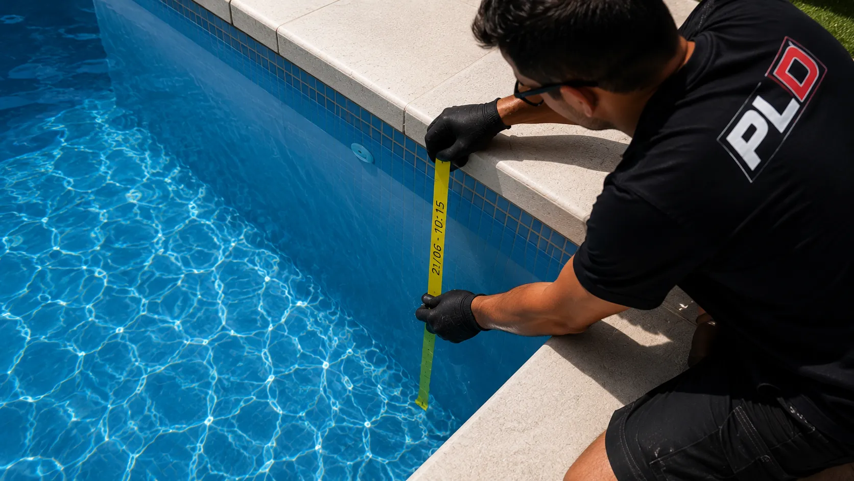 Técnico midiendo el nivel del agua de la piscina con cinta métrica para detectar una fuga
