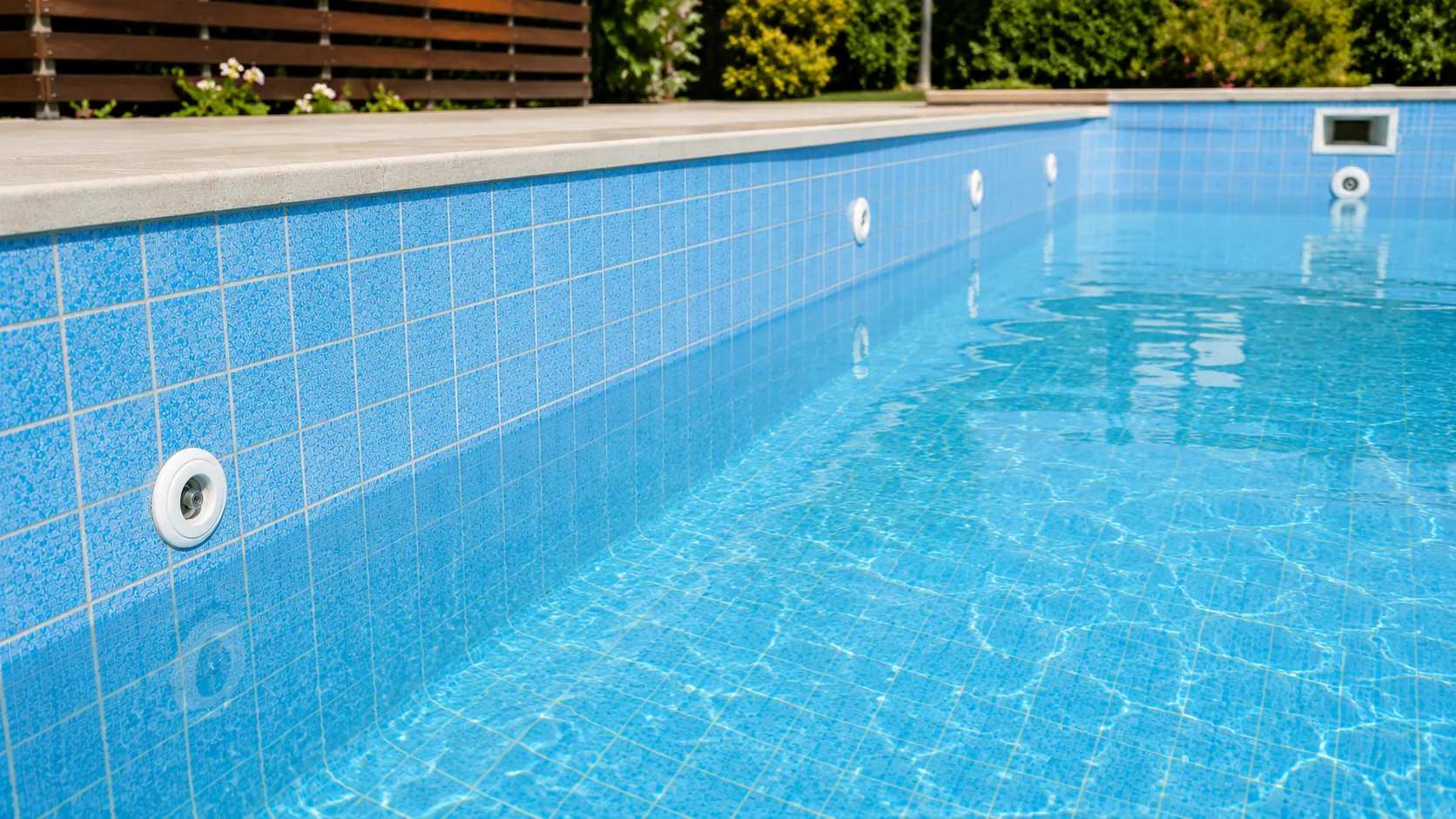Piscina terminada con juntas en perfecto estado, llena y lista para usar tras la reparación con productos Sika