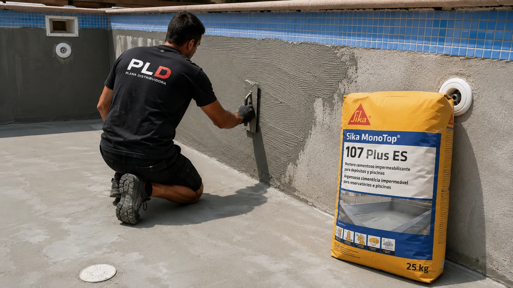 Aplicación de la primera capa de Sika MonoTop 107 Plus ES con llana dentada en el vaso de la piscina
